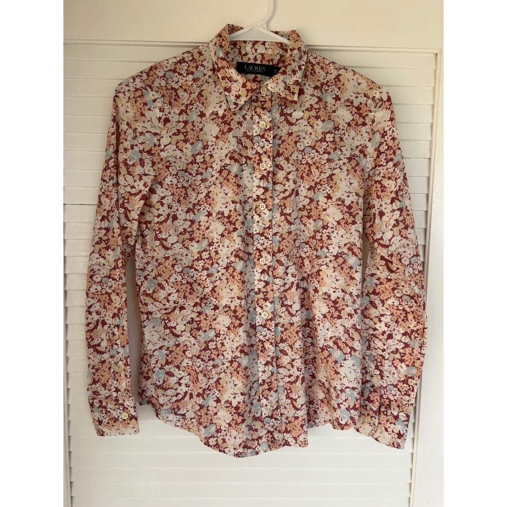 Lauren Ralph Lauren Floral Cotton Button Down Shirt Petite Small Burgundy Peach